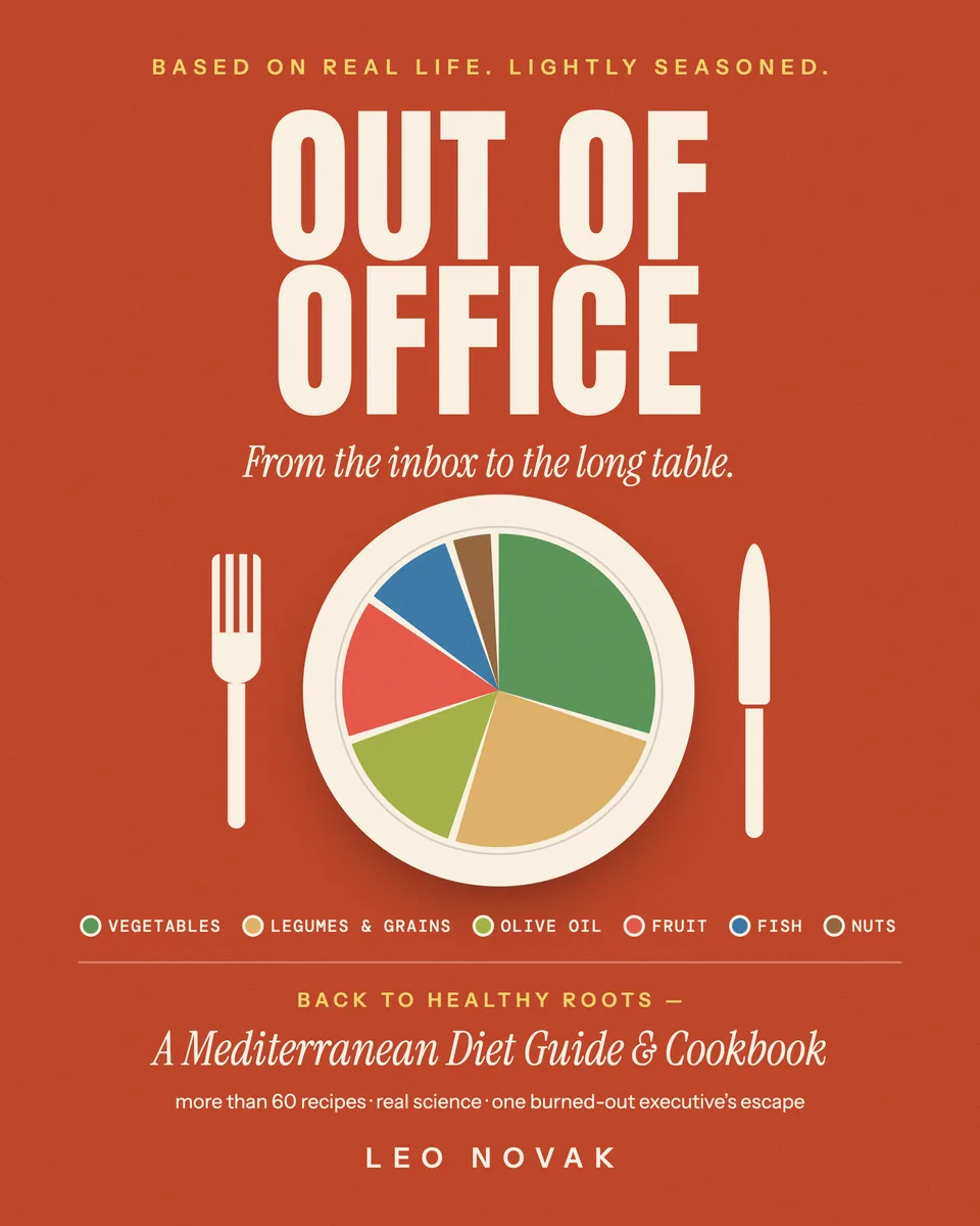 The cover of Out of Office by Leo Novak: a plate drawn as a pie chart of vegetables, legumes, olive oil, fruit, fish and nuts on a tomato-red background.